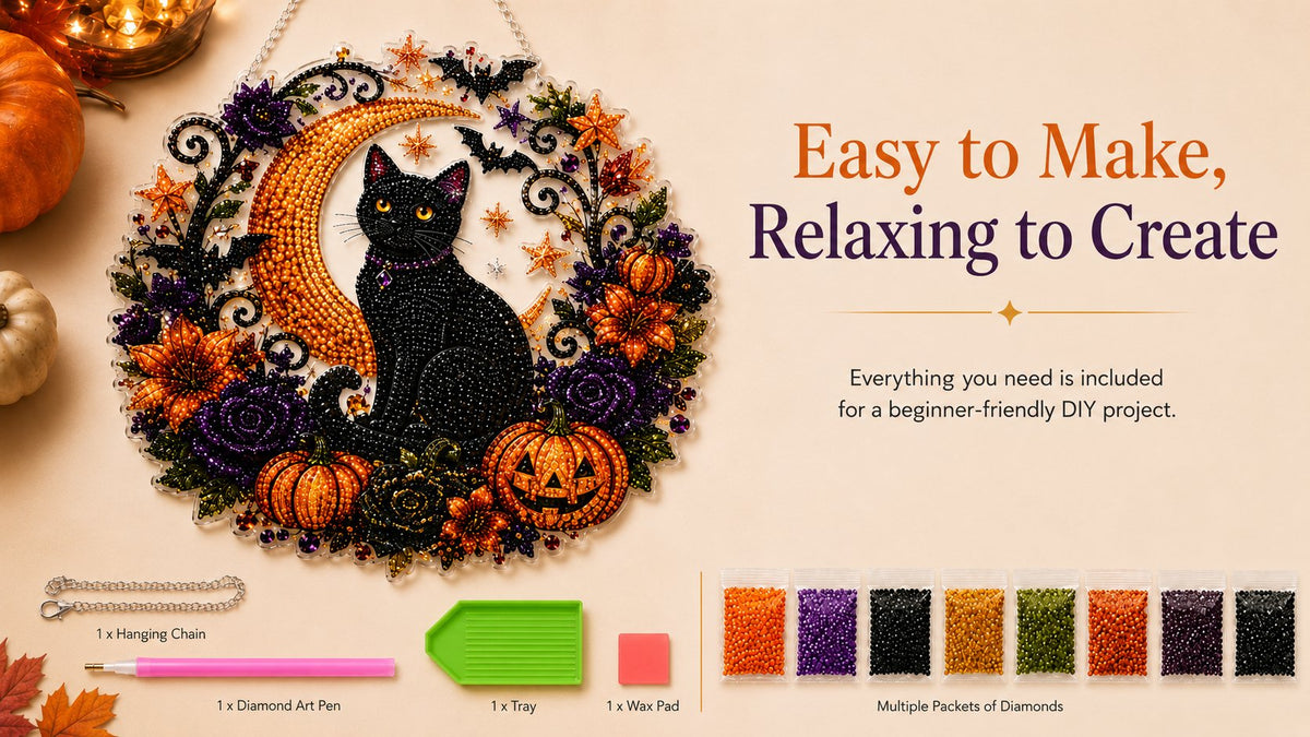 Black Cat Moon Diamond Art Hanging Ornament Kit – Relaxing DIY Halloween Craft 🎃💎 (📦Buy 2 Free Shipping)