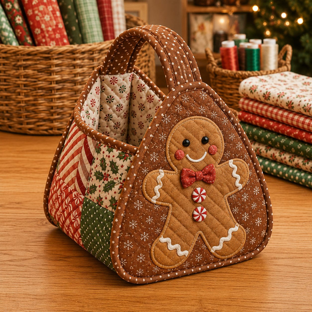 ⏳ Last Day 49% OFF – 🎄 Christmas Character Quilted Carry Basket | Padded Patchwork Fabrics, Layered Appliqué & Soft Carry Handle 🎁✨