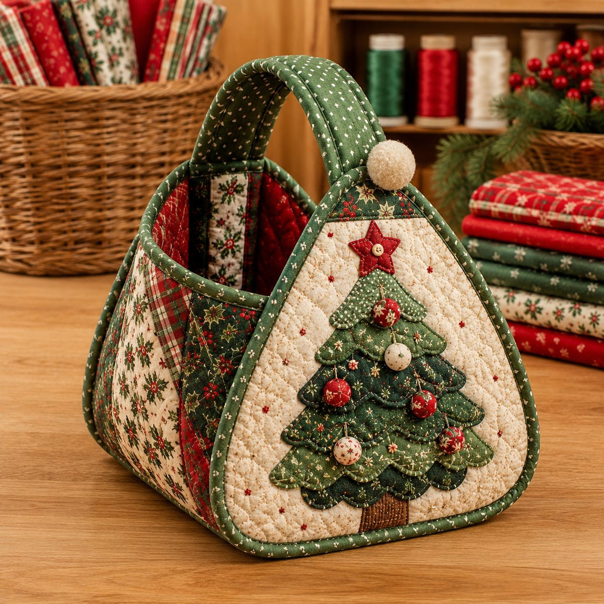 ⏳ Last Day 49% OFF – 🎄 Christmas Character Quilted Carry Basket | Padded Patchwork Fabrics, Layered Appliqué & Soft Carry Handle 🎁✨