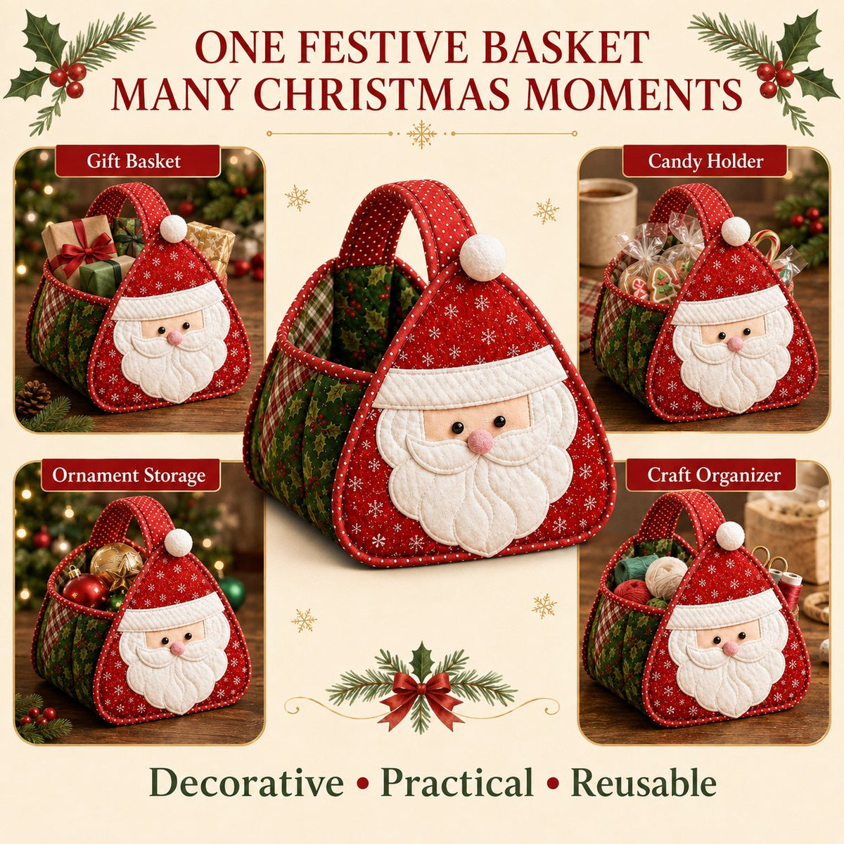 ⏳ Last Day 49% OFF – 🎄 Christmas Character Quilted Carry Basket | Padded Patchwork Fabrics, Layered Appliqué & Soft Carry Handle 🎁✨