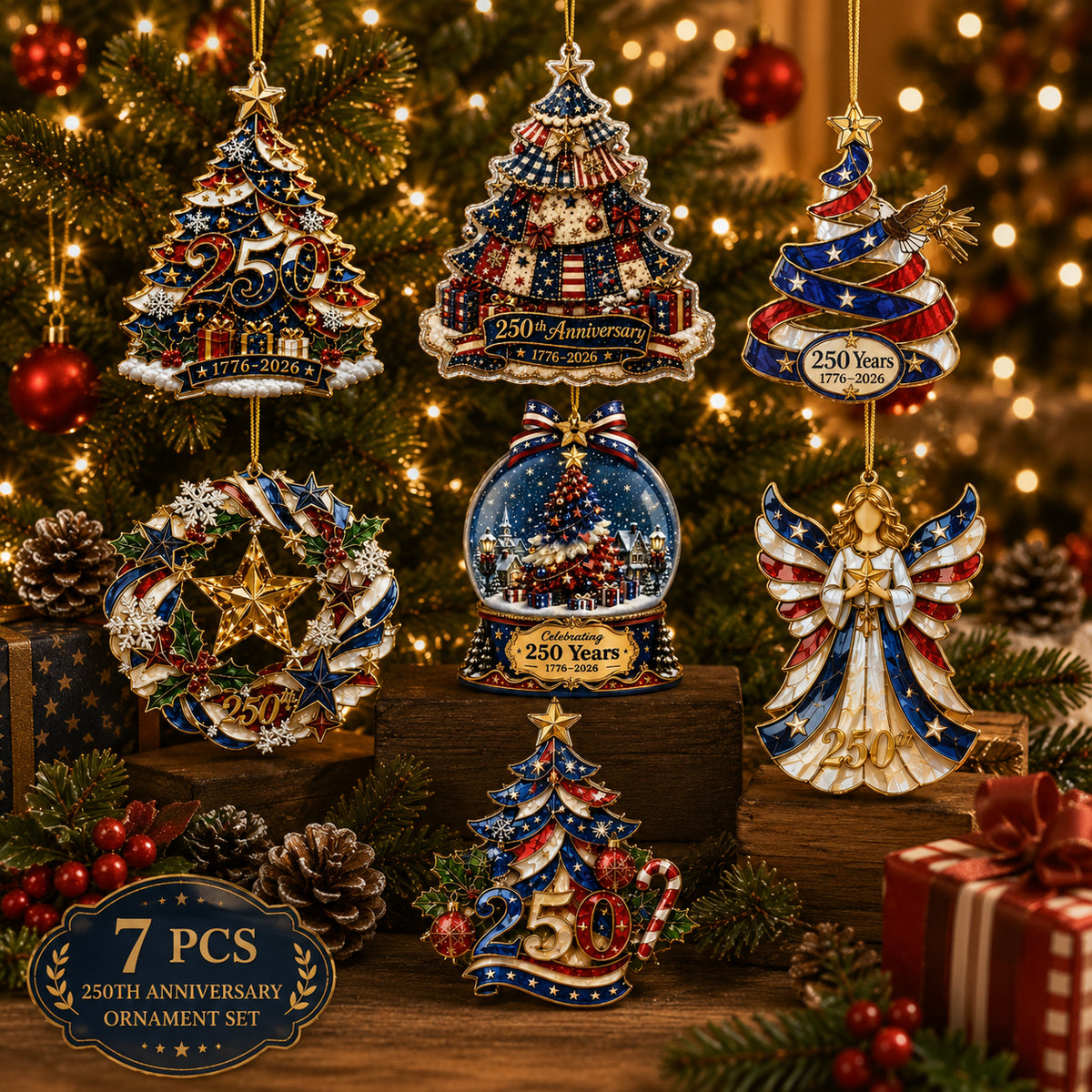 🔥LIMITED TIME 49% OFF!🔥🎄 US 250th Anniversary Christmas Ornament, 6 Vintage American Flag Styles