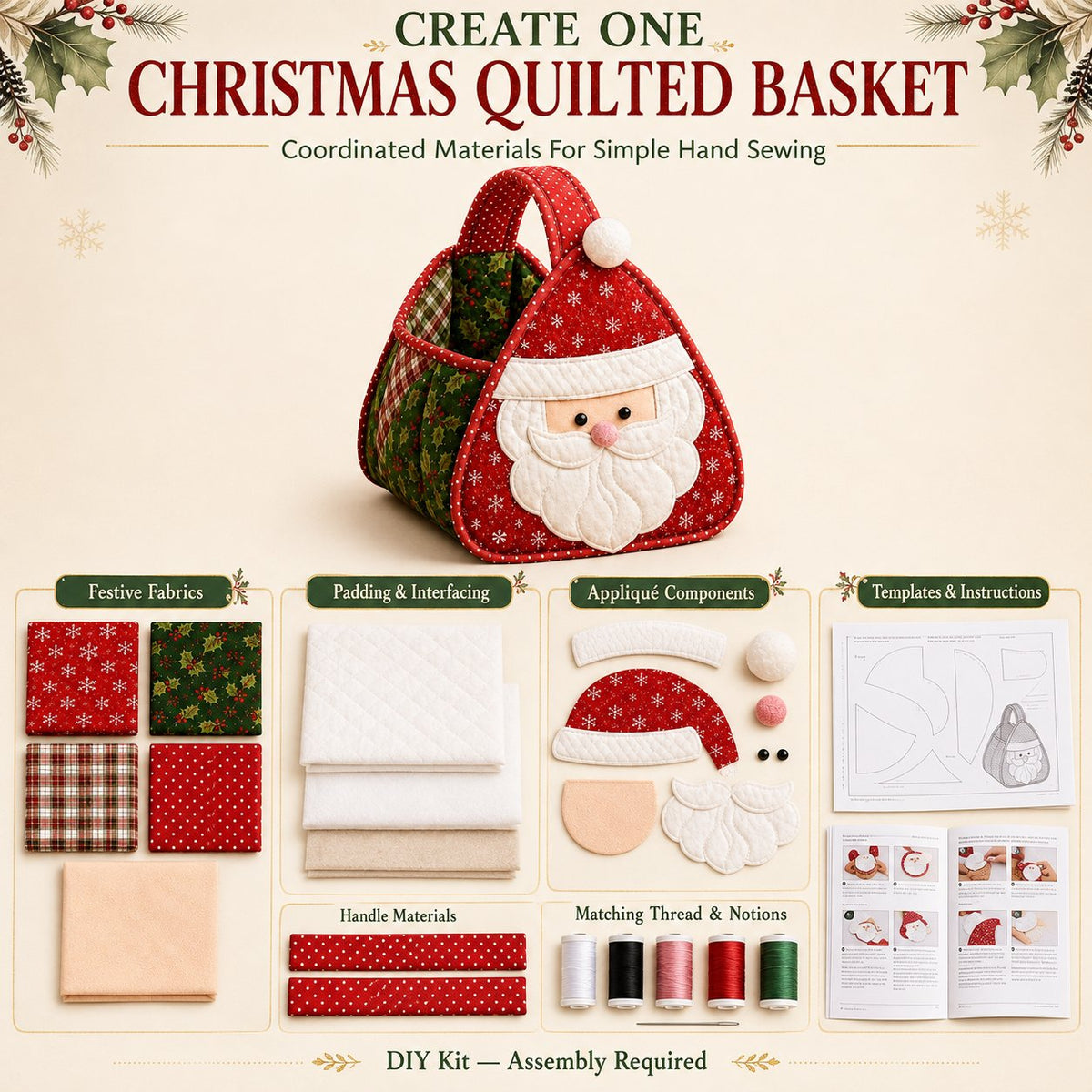 ⏳ Last Day 49% OFF – 🎄 Christmas Character Quilted Carry Basket | Padded Patchwork Fabrics, Layered Appliqué & Soft Carry Handle 🎁✨