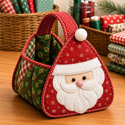 ⏳ Last Day 49% OFF – 🎄 Christmas Character Quilted Carry Basket | Padded Patchwork Fabrics, Layered Appliqué & Soft Carry Handle 🎁✨