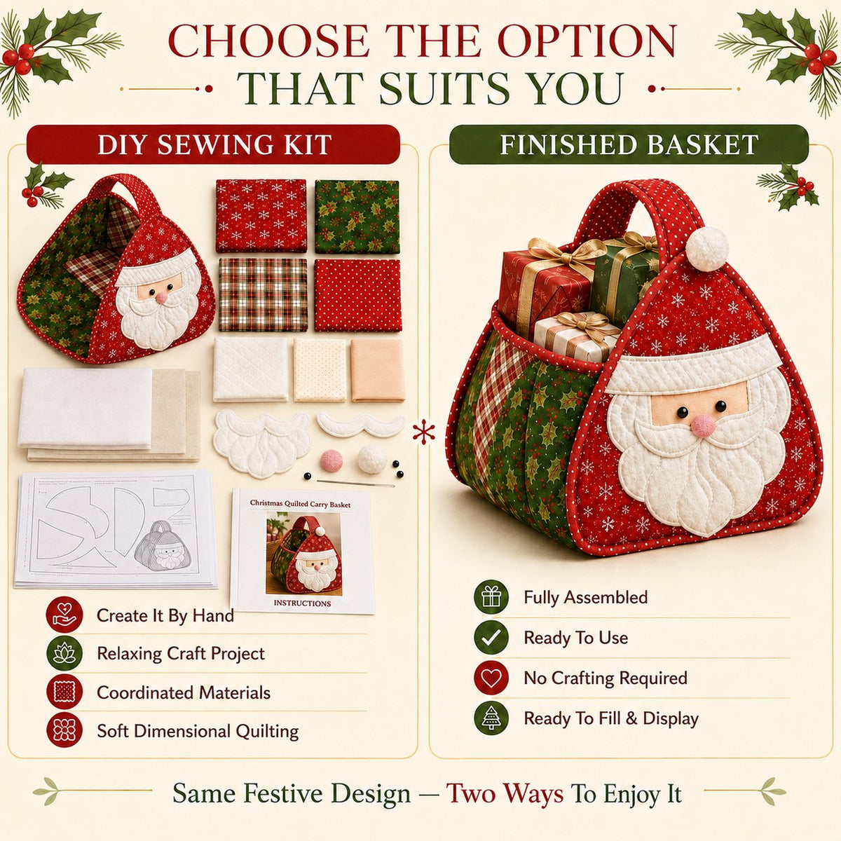 ⏳ Last Day 49% OFF – 🎄 Christmas Character Quilted Carry Basket | Padded Patchwork Fabrics, Layered Appliqué & Soft Carry Handle 🎁✨