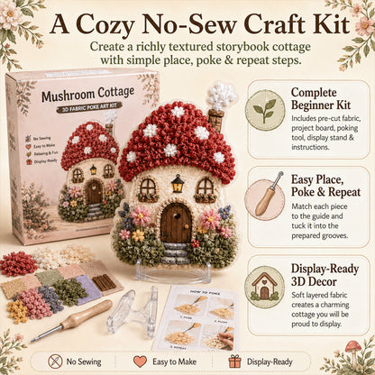🔥🏡 Whimsical Village 3D Fabric Poke Art Kit-No-Sew Fantasy Craft with Pre-Cut Fabric Squares, Poking Tool & Display Stand