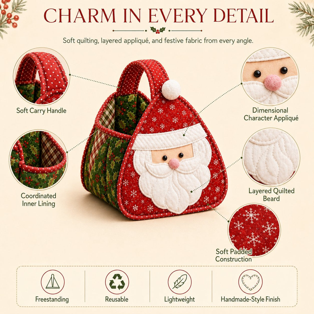 ⏳ Last Day 49% OFF – 🎄 Christmas Character Quilted Carry Basket | Padded Patchwork Fabrics, Layered Appliqué & Soft Carry Handle 🎁✨