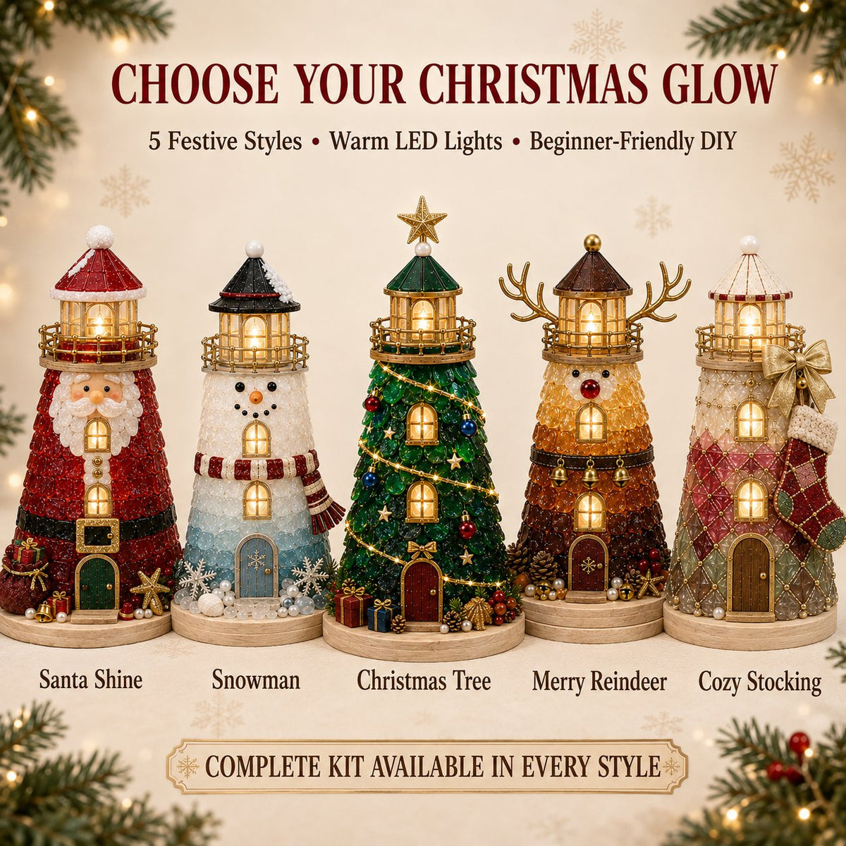🎄DIY Lighted Christmas Character Sea Glass-Style Lighthouse Kit Collection  💕