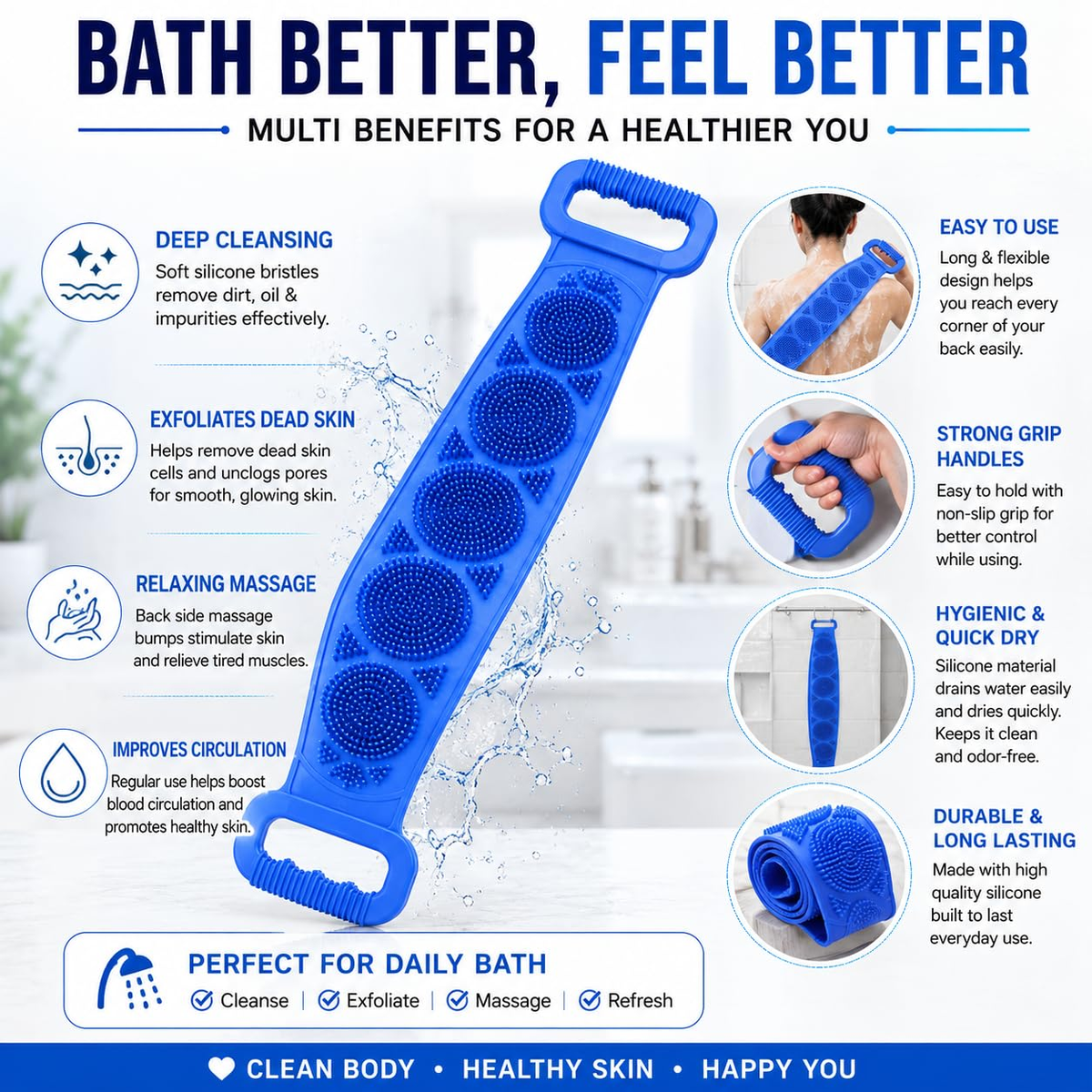 🛁Limited-Time 50% OFF💦Silicone Bath Brush Double-Sided Exfoliating Back Scrubber