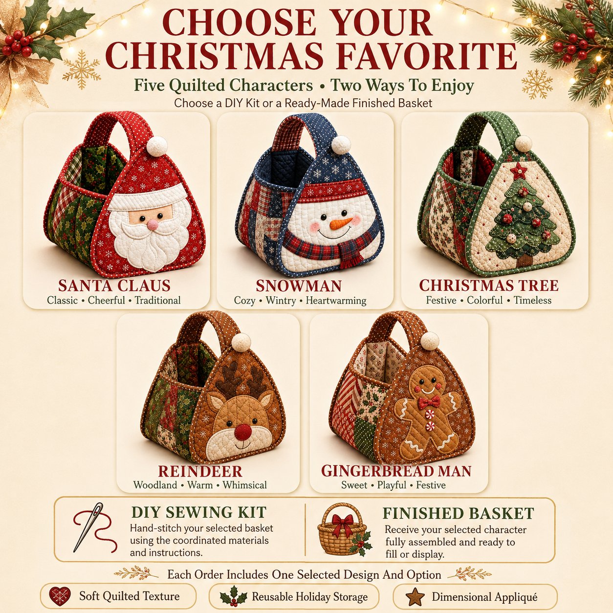⏳ Last Day 49% OFF – 🎄 Christmas Character Quilted Carry Basket | Padded Patchwork Fabrics, Layered Appliqué & Soft Carry Handle 🎁✨