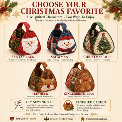 ⏳ Last Day 49% OFF – 🎄 Christmas Character Quilted Carry Basket | Padded Patchwork Fabrics, Layered Appliqué & Soft Carry Handle 🎁✨