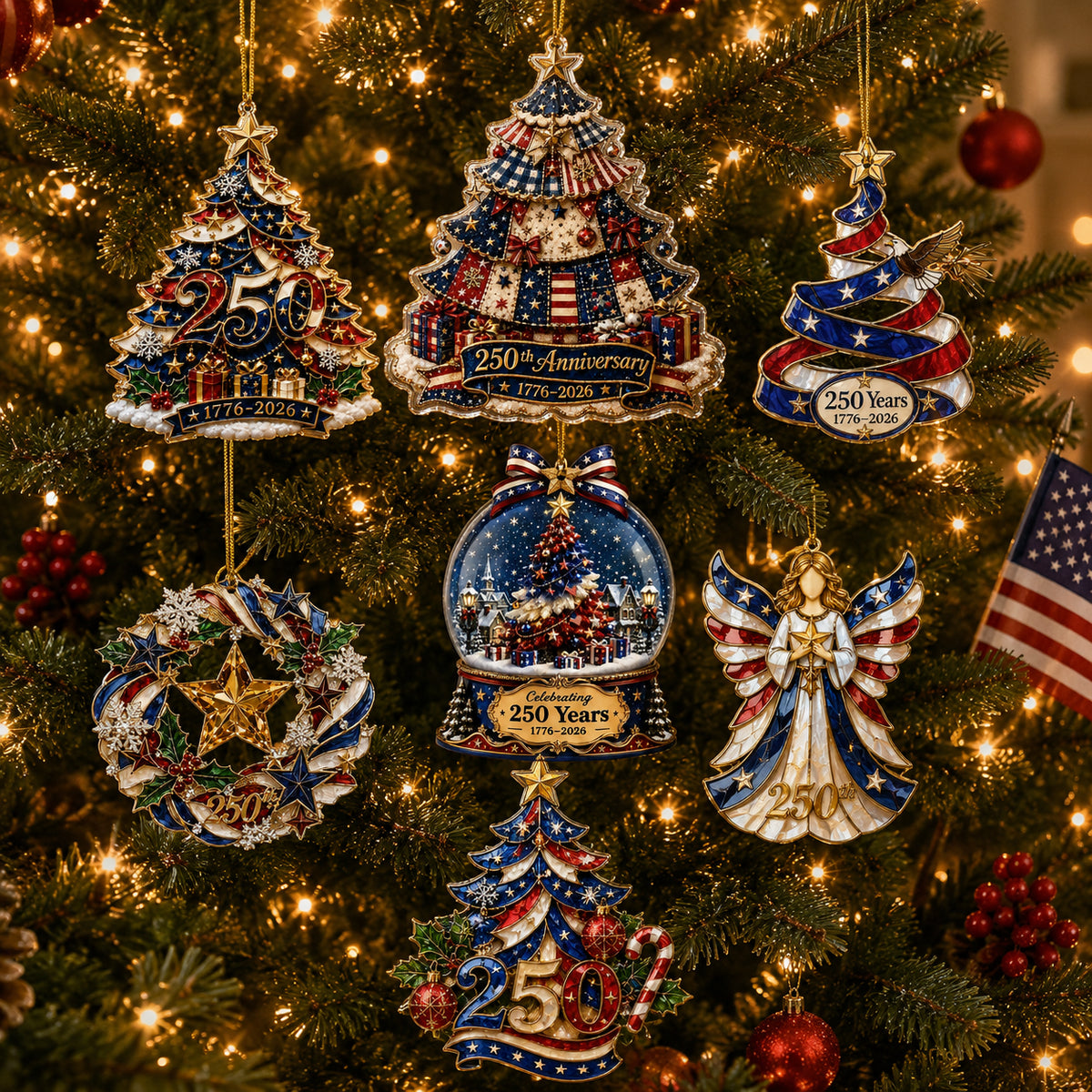 🔥LIMITED TIME 49% OFF!🔥🎄 US 250th Anniversary Christmas Ornament, 6 Vintage American Flag Styles