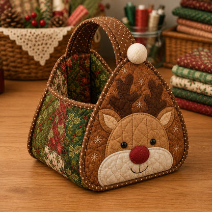 ⏳ Last Day 49% OFF – 🎄 Christmas Character Quilted Carry Basket | Padded Patchwork Fabrics, Layered Appliqué & Soft Carry Handle 🎁✨