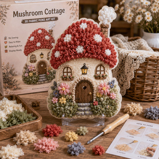 🔥🏡 Whimsical Village 3D Fabric Poke Art Kit-No-Sew Fantasy Craft with Pre-Cut Fabric Squares, Poking Tool & Display Stand