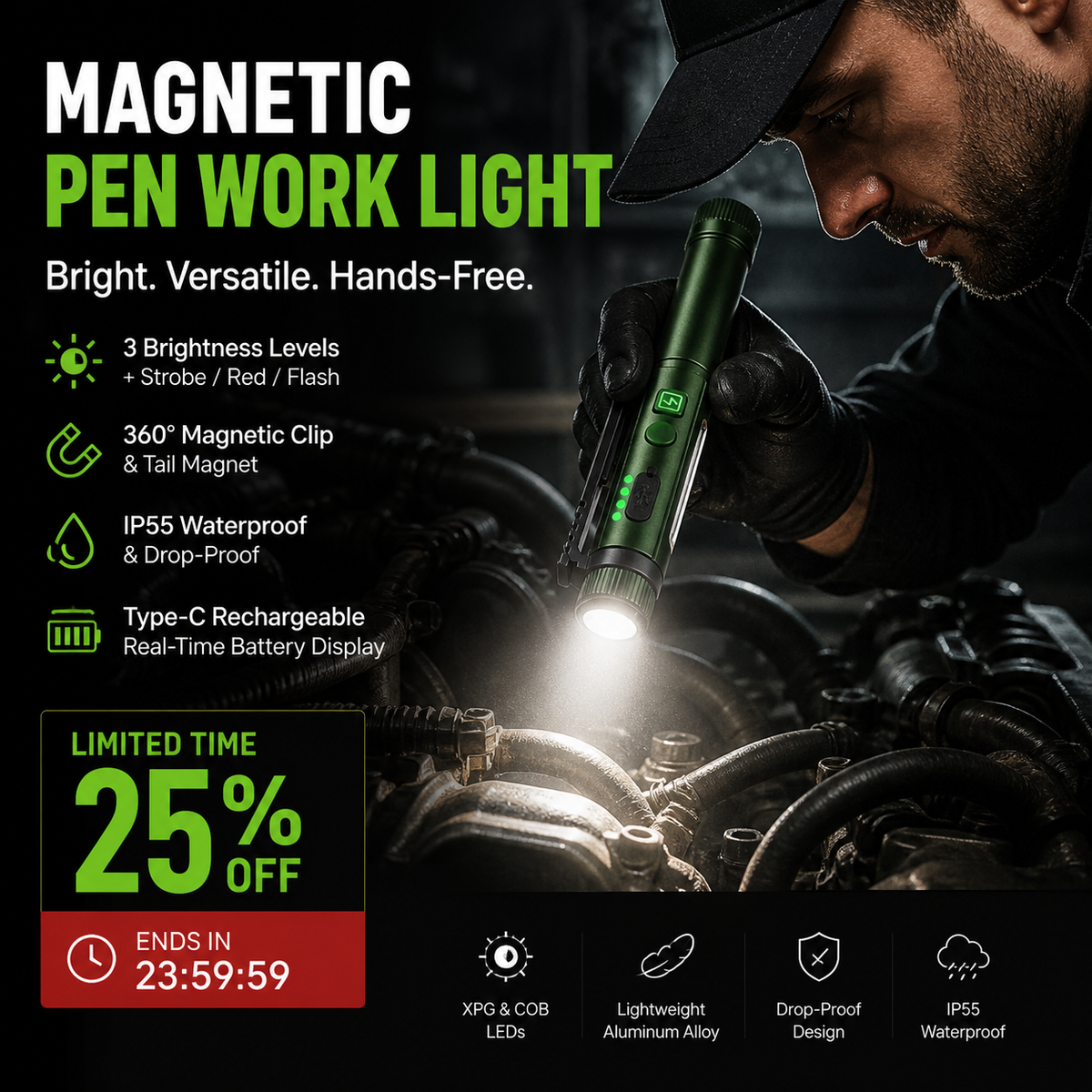 🔦🔥Must-Have Tool! Multifunctional Pen-Shaped Strong Magnetic Work Light – Rotatable Pen-Style Flashlight with Strong Magnetic Base, Hands-Free Lighting for Work & Outdoor