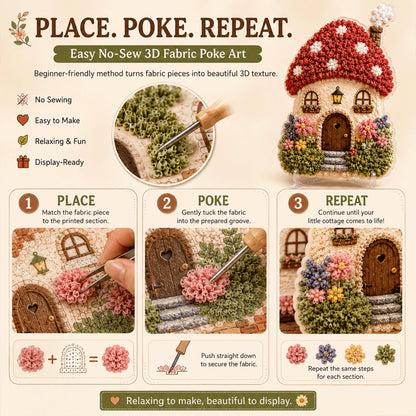 🔥🏡 Whimsical Village 3D Fabric Poke Art Kit-No-Sew Fantasy Craft with Pre-Cut Fabric Squares, Poking Tool & Display Stand